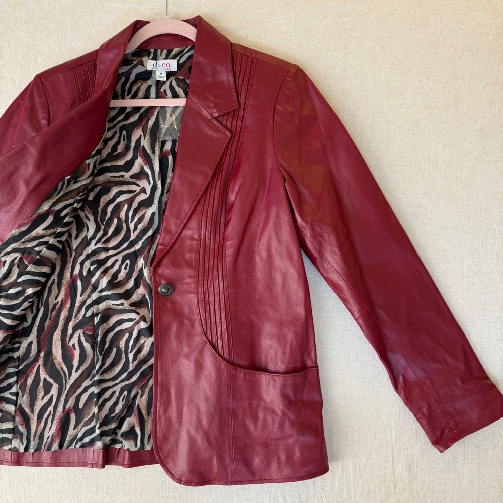 Denim & Co Red Genuine Leather Pintuck Blazer  Womens Medium NWOT
